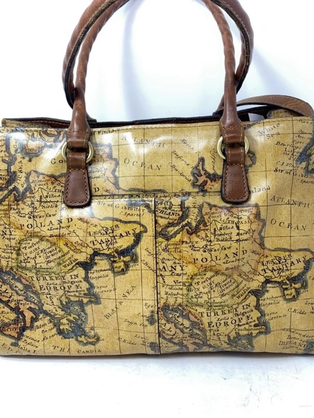 Patricia Nash Map-Print Satchel with Brown Trim and Tassels